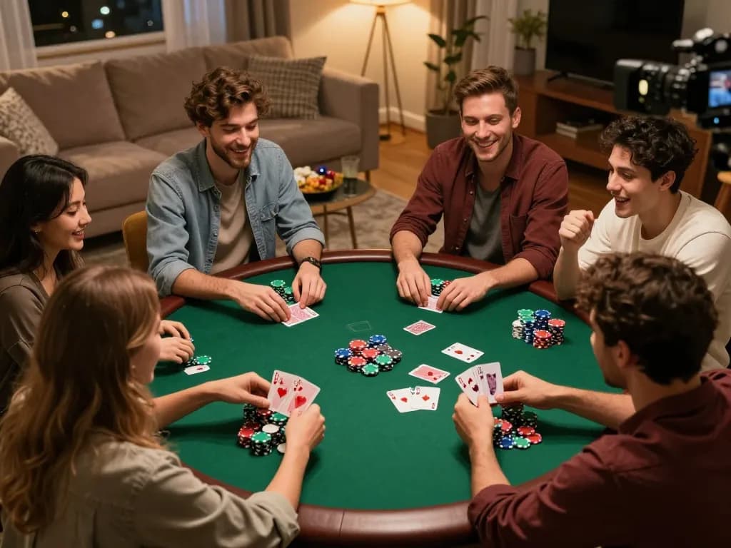 Friends playing poker at home, showcasing MEGA888 app and strategies, vibrant social atmosphere.