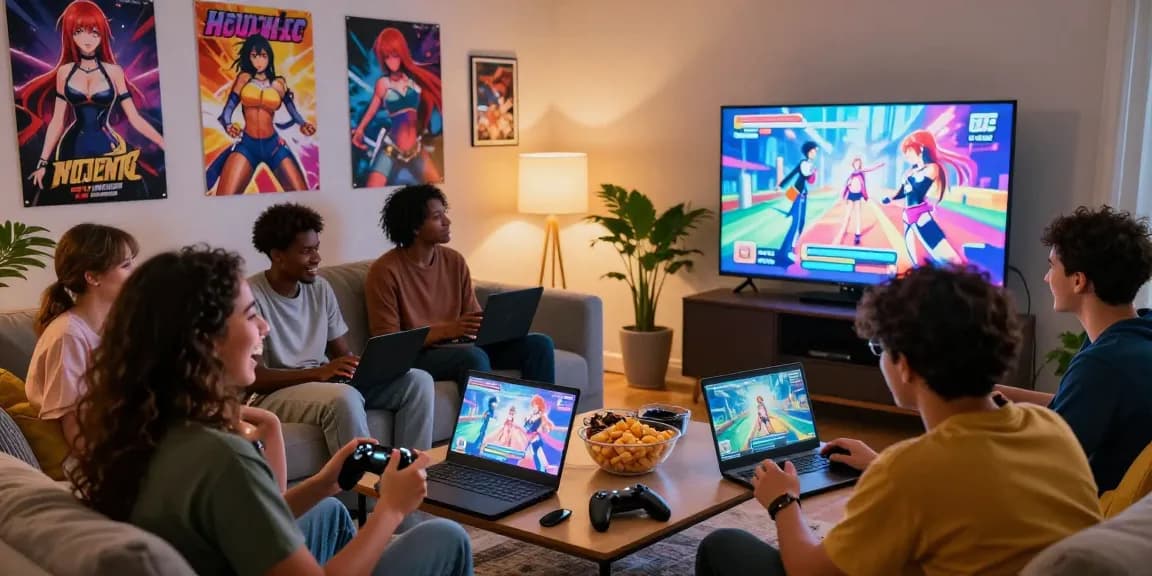 Friends enjoying a lively gaming session with hentai games in a cozy living room, featuring vibrant anime visuals.