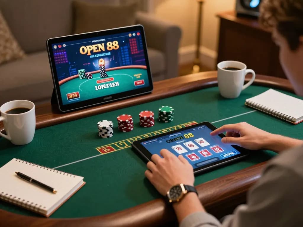 Engaging in online poker strategy at open 88 with a tablet and notes in a cozy home setting.
