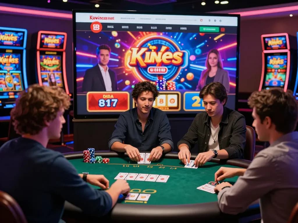 Diverse group of players enjoying various games on https://kuwincom.net/ in a lively online gambling scene.
