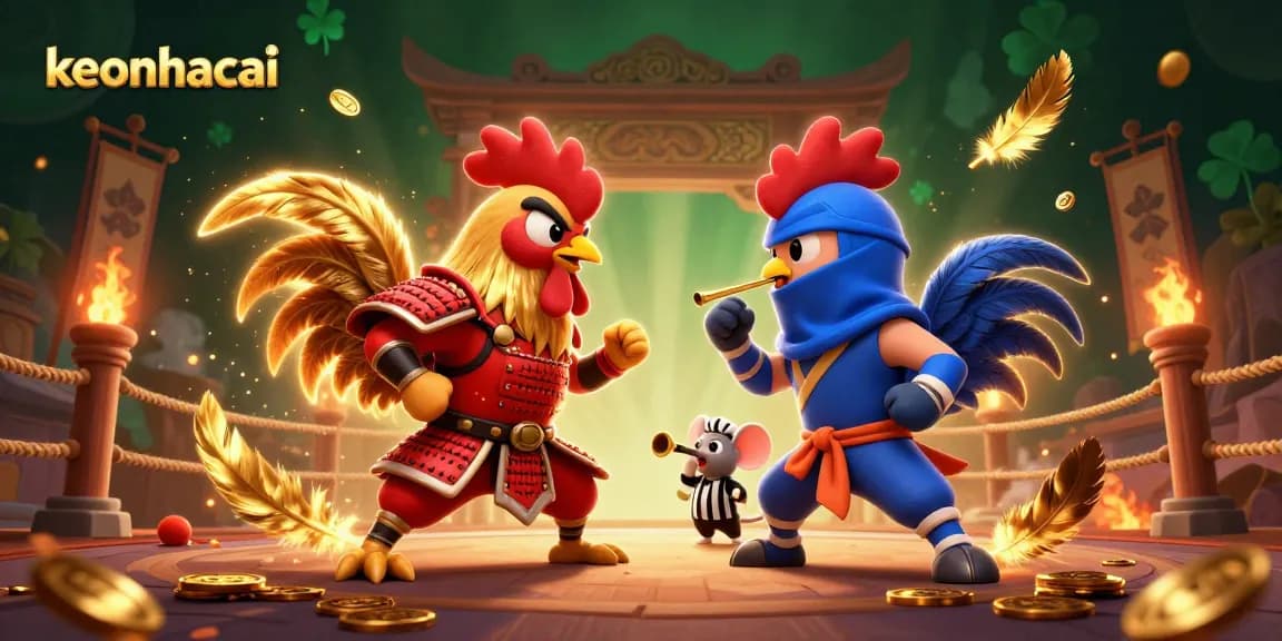 Engage in thrilling keonhacai action as roosters clash in a dynamic arena, surrounded by gold coins and betting tokens.