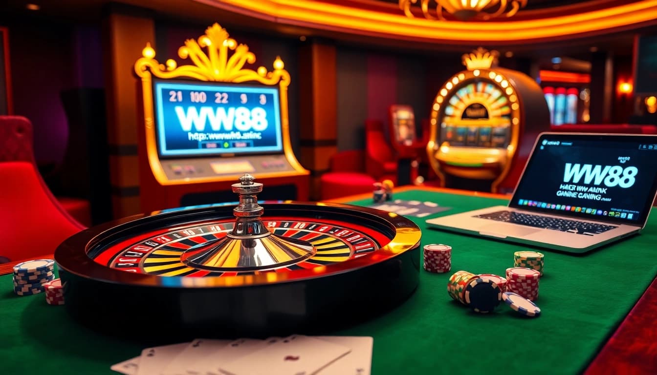 Experience high-stakes gaming at https://ww88.link/ with a vibrant roulette wheel and casino chips.