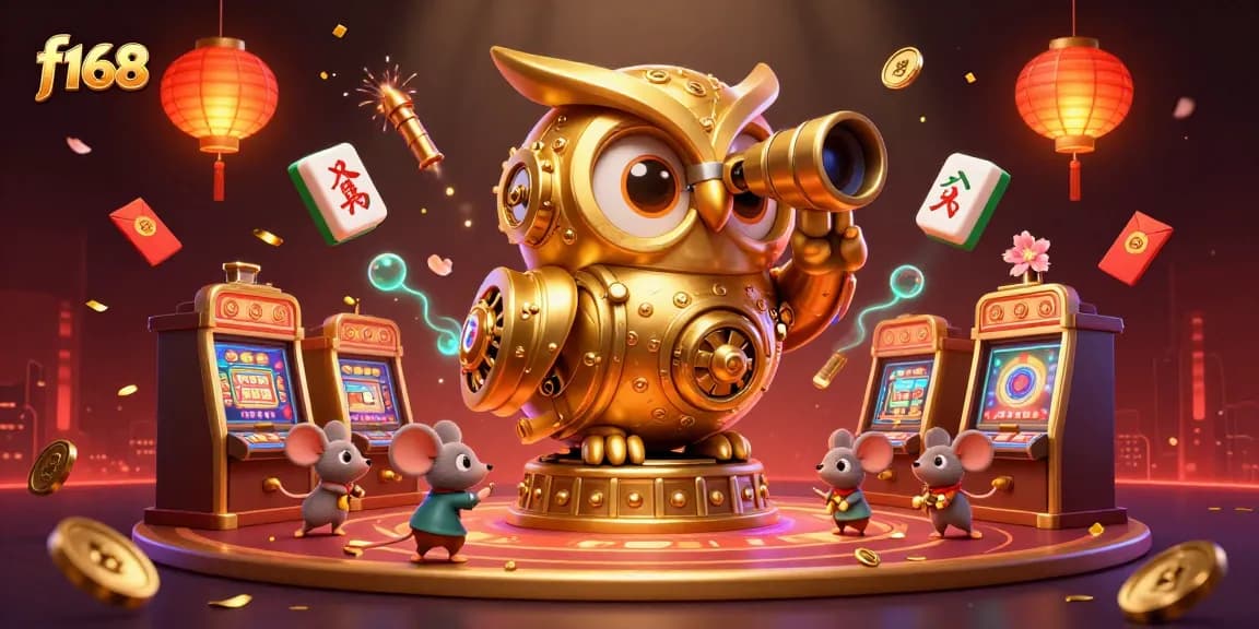 Experience the excitement of f168 with a vibrant casino scene featuring a golden owl and dynamic game elements.