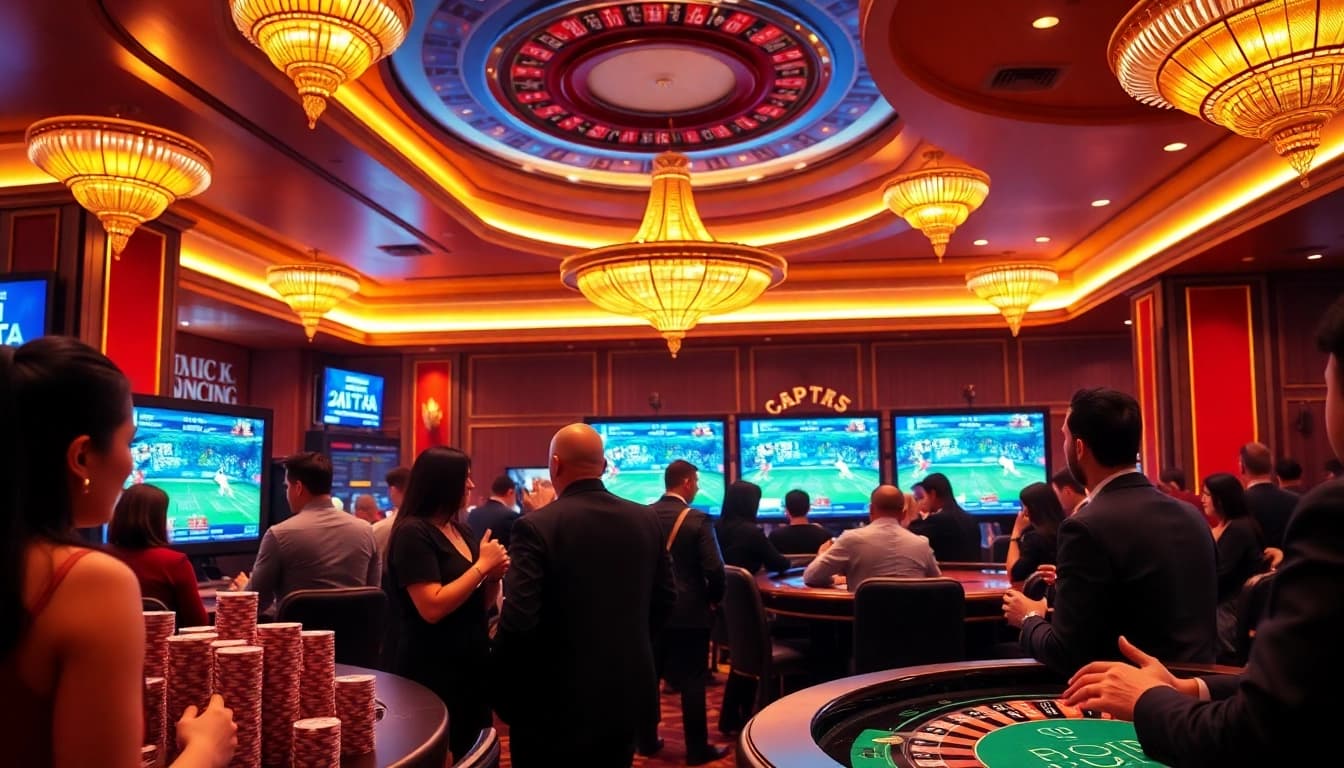 Kèo bóng đá hôm nay displayed in a vibrant casino betting scene with poker chips and betting slips.