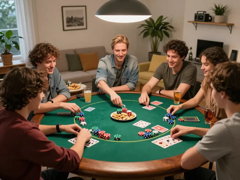 Players enjoying an exciting poker night at home, engaging in strategic gameplay, showcasing rik vip vibes.
