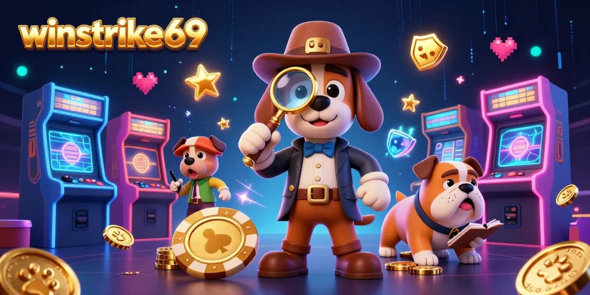 Engage with winstrike69's gaming adventure featuring a cartoon detective uncovering poker chip clues.