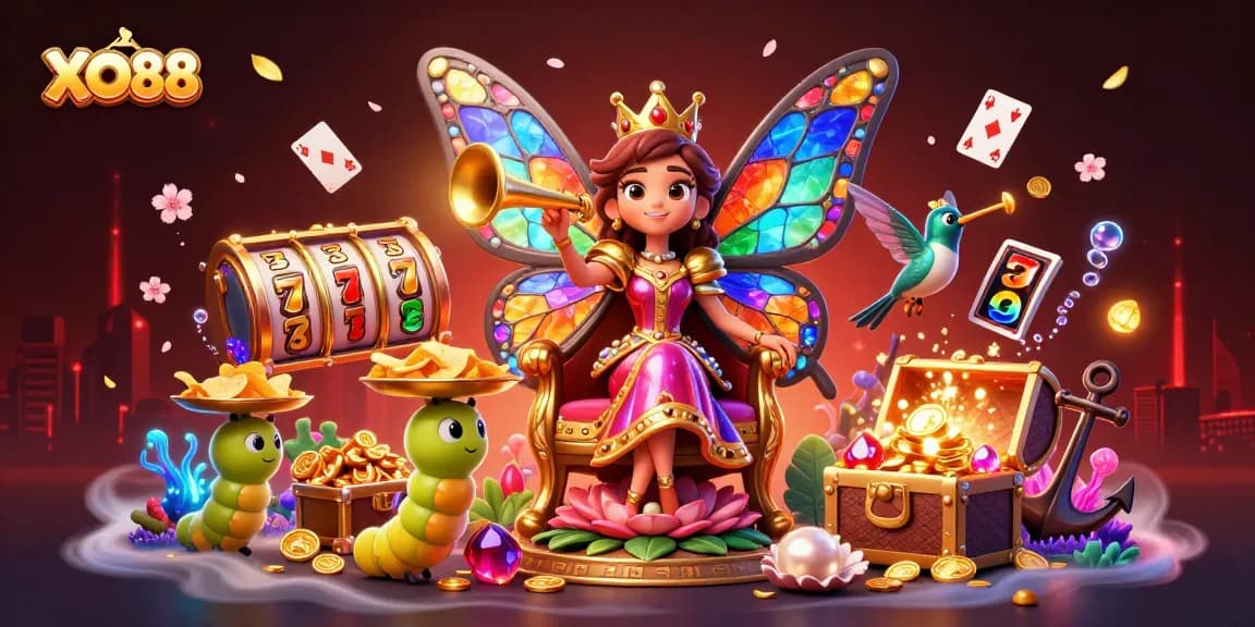 Experience thrilling slots action with XO88's vibrant 3D gaming illustration featuring dynamic elements.