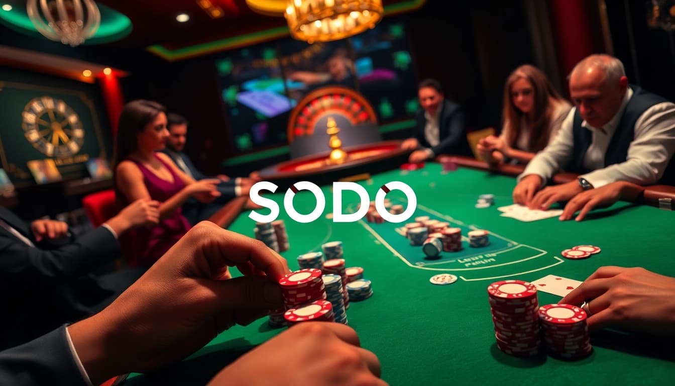 SODO casino scene with players engaged in poker, vibrant chips, and roulette wheel, capturing the thrill of gambling.