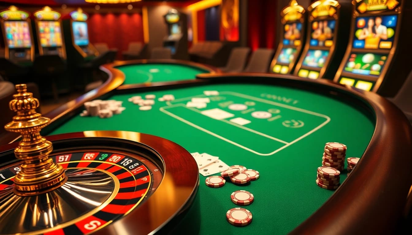 Experience the thrill of gaming at https://df999.cn.com/ with a luxurious casino table filled with vibrant cards and chips.