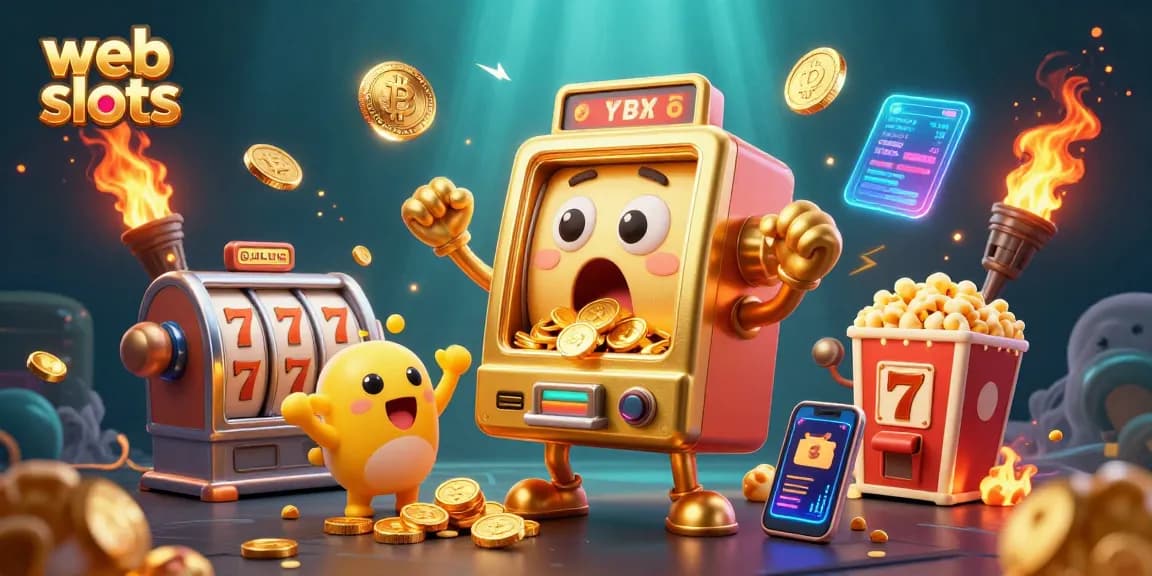 Experience exciting gameplay with web slots as a golden slot machine hits the jackpot amid a festive atmosphere.