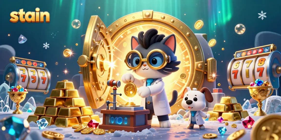 Experience thrilling gaming action as the mad scientist cat invents a gold-coin machine amidst a vibrant casino scene.