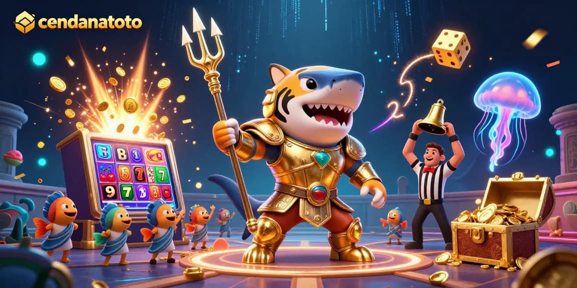 Experience cendanatoto's thrilling slots as a tiger shark battles in a vibrant underwater colosseum.