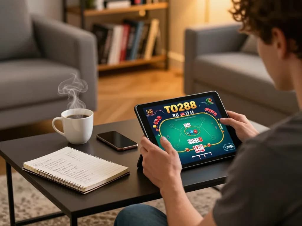 Player engaged in a TO288 poker game on tablet, cozy home setting emphasizing strategic gambling atmosphere.