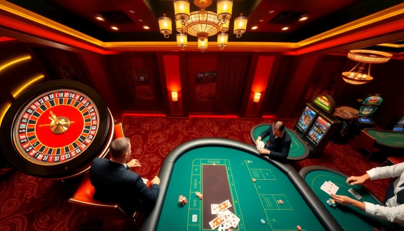 Experience gambling excitement at https://sp8.biz/: vibrant casino scene featuring slot machines and poker tables.