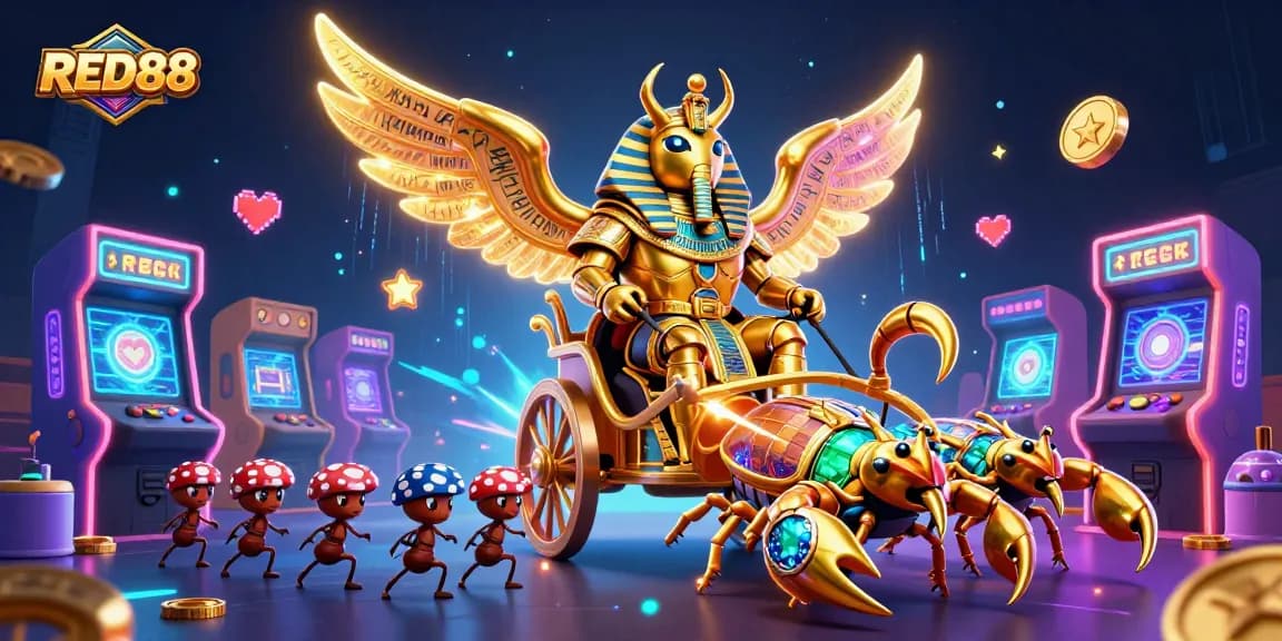 Engage with the dynamic RED88 casino experience featuring a golden beetle, scorpions, and playful gaming elements.