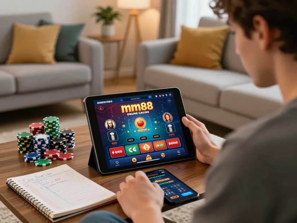 Engaged player strategizing bets on the mm88 online casino app in a cozy home setting.