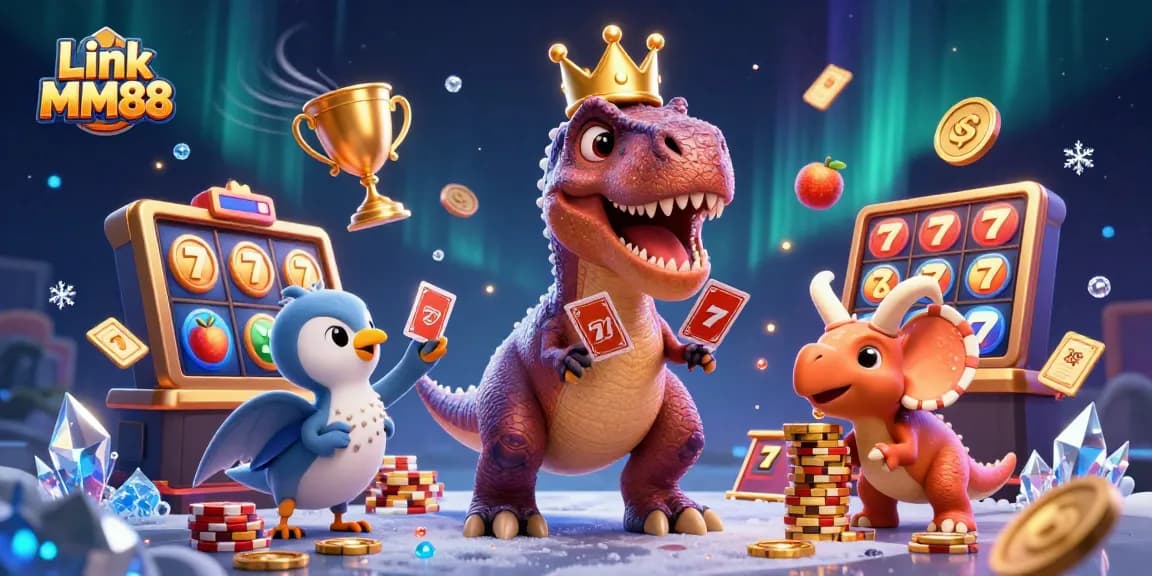 Link MM88 showcases a cartoon T-Rex and friends playing casino games while winning chips.