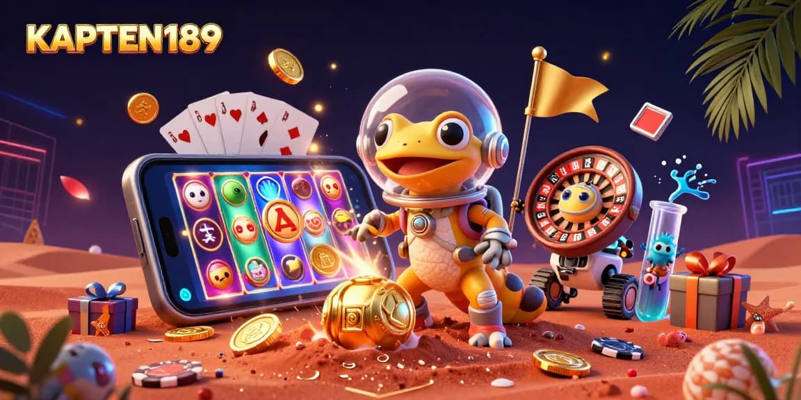 KAPTEN189 menawarkan permainan slot menarik dengan gecko Mars sebagai pemandu menuju kasino emas.