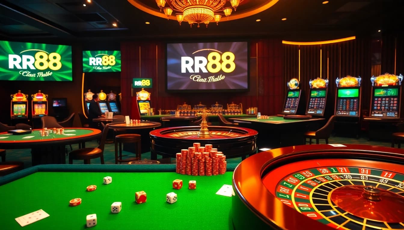 Gamblers playing at RR88's luxurious casino tables with vibrant chips and cards.