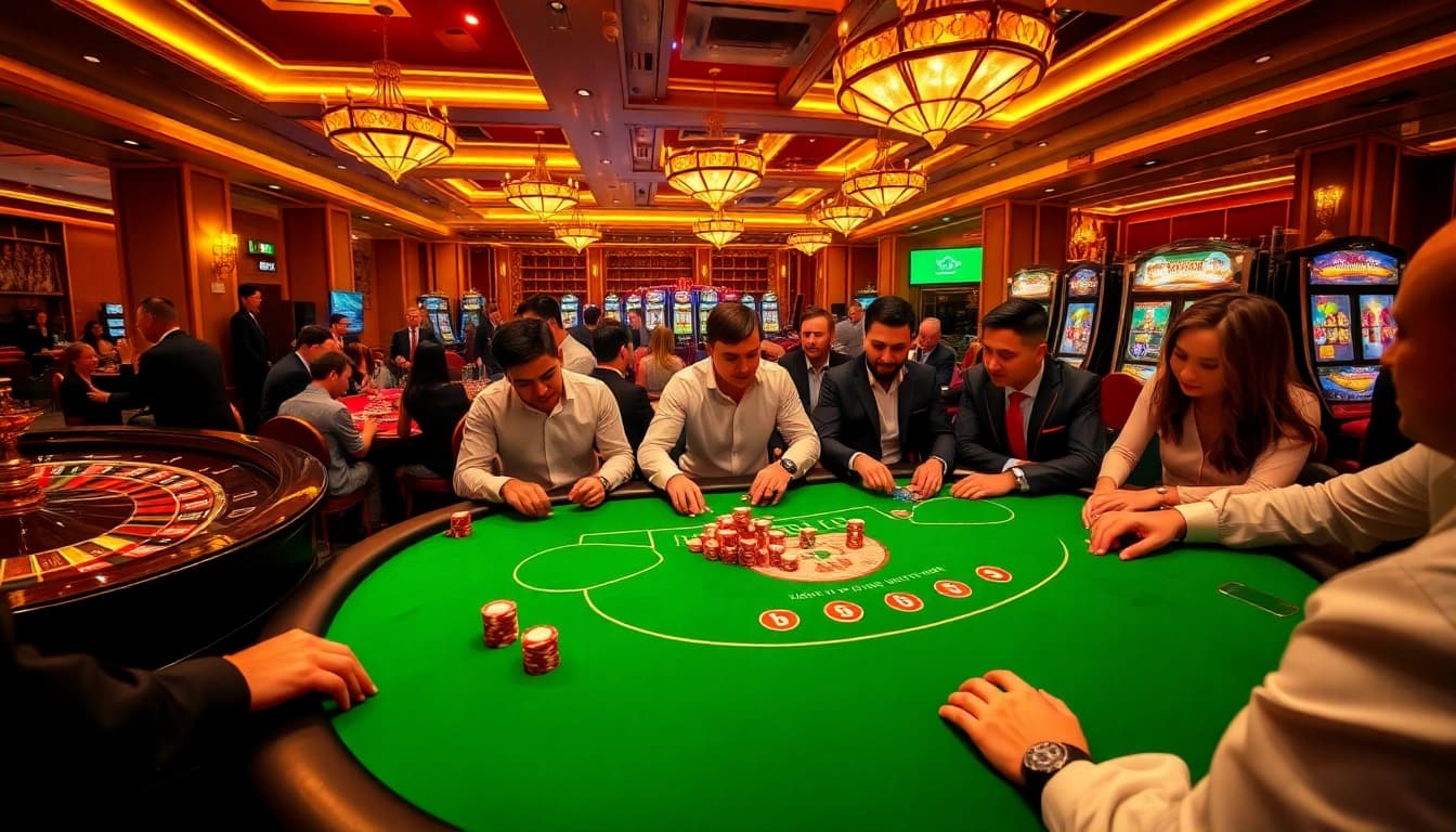 Exciting casino atmosphere with players at KP88's poker table and a roulette wheel in view.