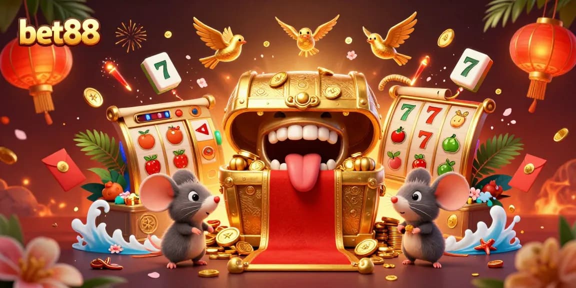 Experience the excitement of bet88 with golden treasures, joyful gaming symbols, and dynamic action elements.