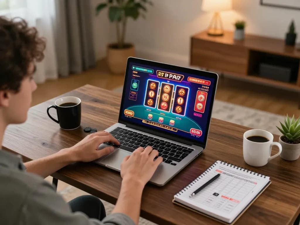 Experience thrilling online gaming at Sunwin with colorful poker graphics on a laptop in a cozy home setup