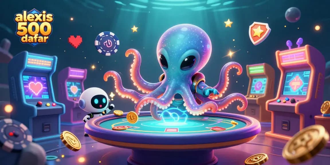 Join the adventure with alexis 500 daftar as vibrant poker chips orbit the alien octopus at a holographic table.