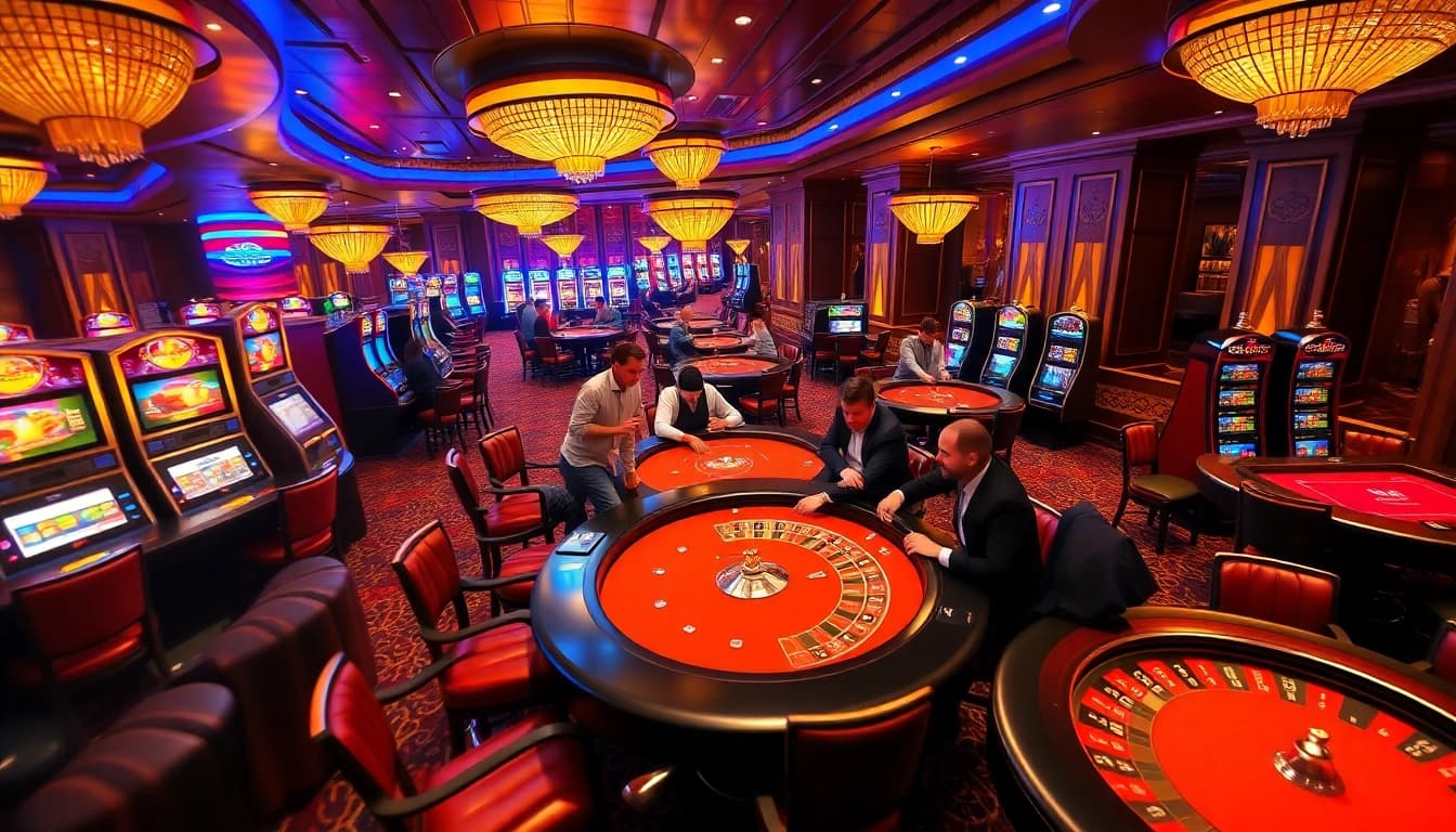 SODO66 casino scene featuring vibrant tables, engaged players, and thrilling gaming atmosphere.