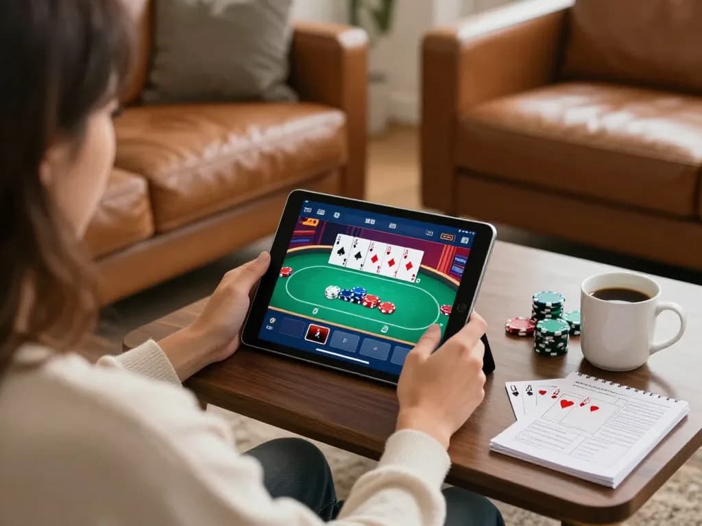 God55 online gaming setup with player engaging in poker on tablet, cozy atmosphere and strategy notes.