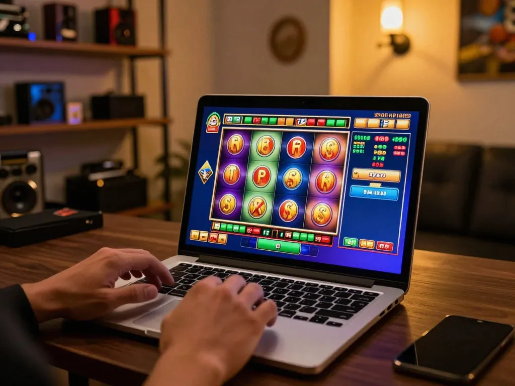 Sesi permainan online yang hidup dengan aman788 menampilkan antarmuka slot berwarna-warni di laptop.