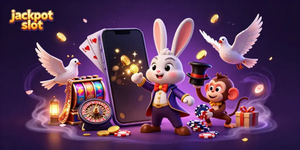 Experience the thrill of jackpot slot gaming with a lively illustration of magic, coins, and excitement.