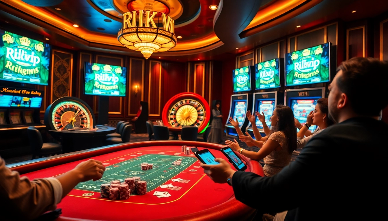 Rikvip players enjoying a thrilling poker game at a vibrant casino table.