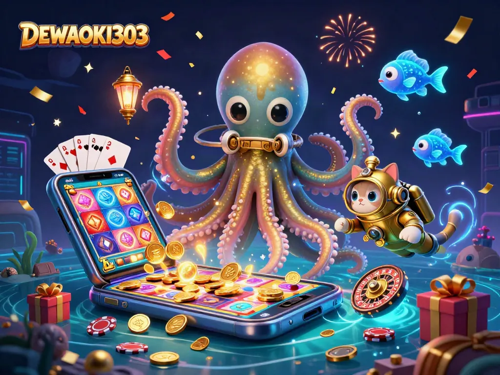 DEWAHOKI303 menampilkan slot online menarik dengan elemen permainan dinamis dalam ilustrasi 3D.
