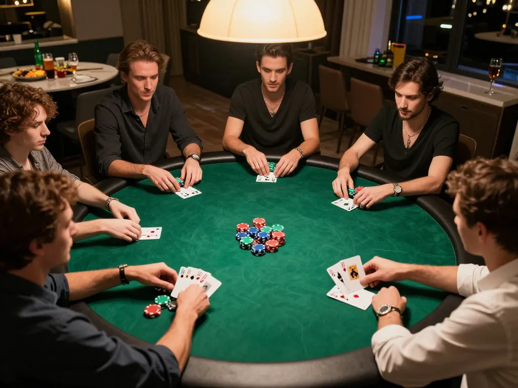 Engage with the 88new app during a thrilling home poker game with friends, showcasing strategic gameplay and interaction.