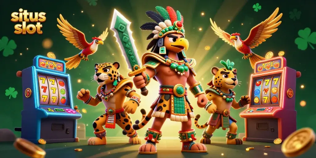 Permainan situs slot menampilkan pejuang Aztec dan mesin slot berputar yang berkilauan.