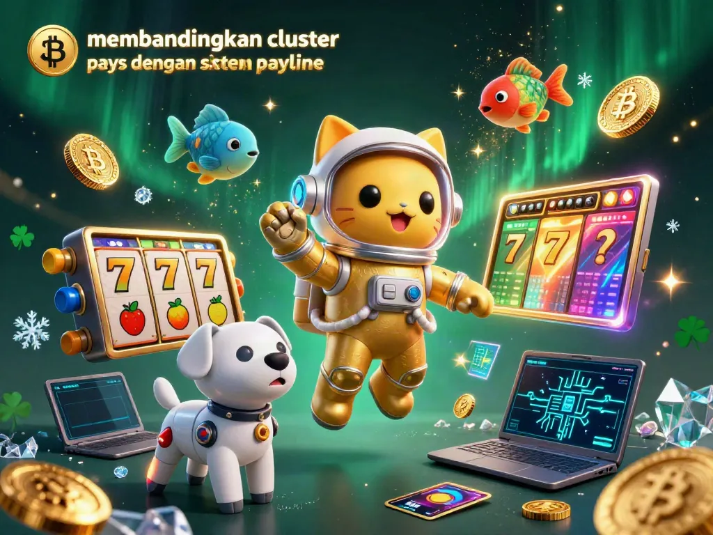 Membandingkan cluster pays dengan sistem payline dalam ilustrasi 3D kasino yang memikat.