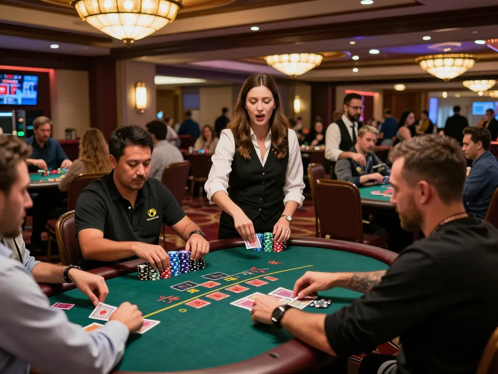 Players strategizing and placing bets at open 88 blackjack tables in an upscale casino.