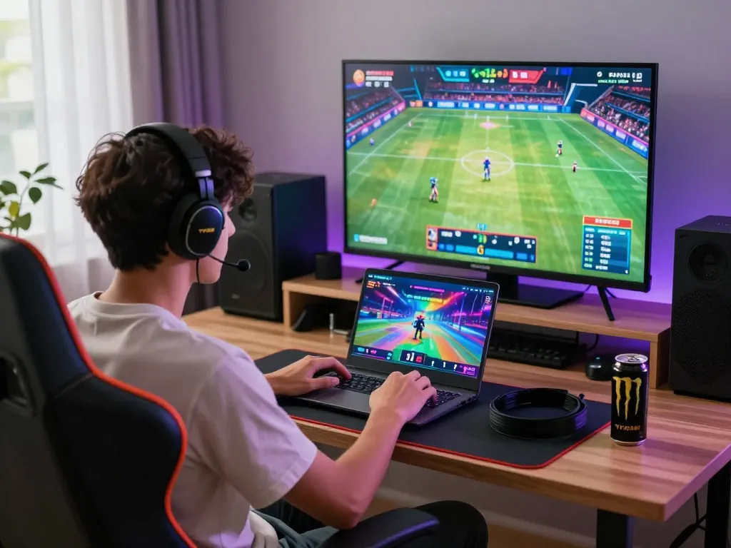 Engaged user playing on the tv88 app amidst a vibrant gaming setup with screens and accessories.