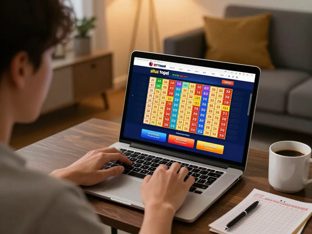 Sesi permainan situs togel online dengan pemain menggunakan laptop di setting rumah yang nyaman.