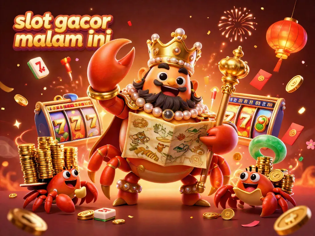 Raih kesenangan dengan slot gacor malam ini, ilustrasi raja kepiting emas dan permainan slot berwarna-warni.