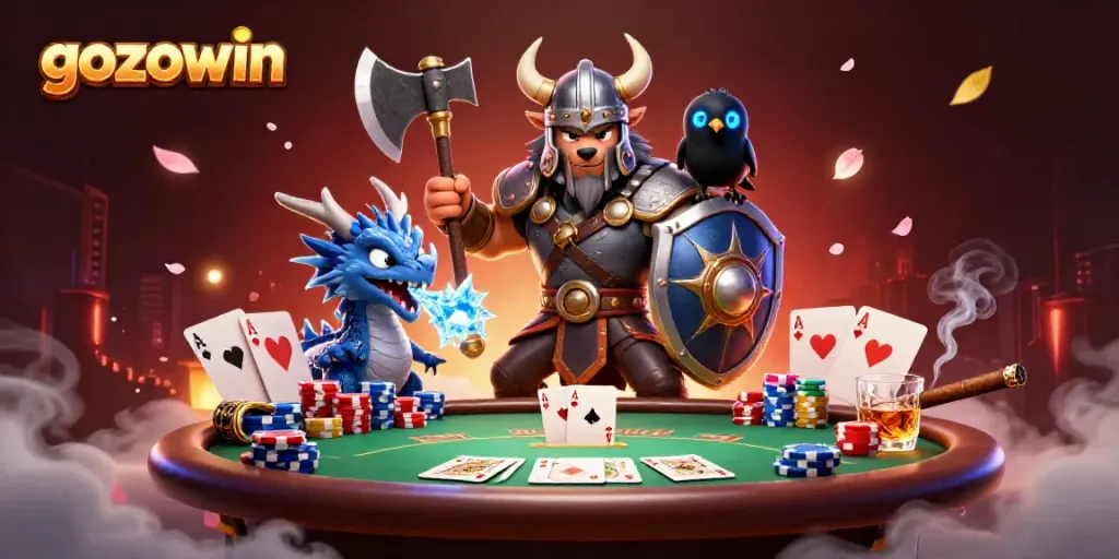 Experience heroic gameplay at gozowin featuring a Viking wolf warrior, fierce dragon, and poker elements in a mystical setting.