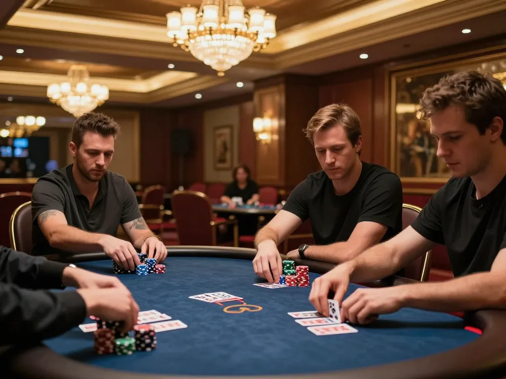 Players engaging in high-stakes poker game at RR88's exclusive VIP casino room, showcasing intense focus and excitement.