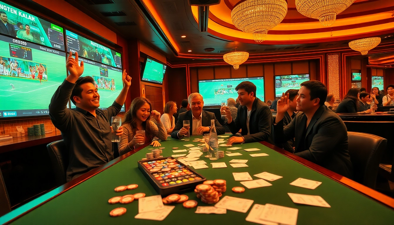 Enthusiastic gamblers engaging in Judi Bola Piala Dunia at a vibrant casino sportsbook.