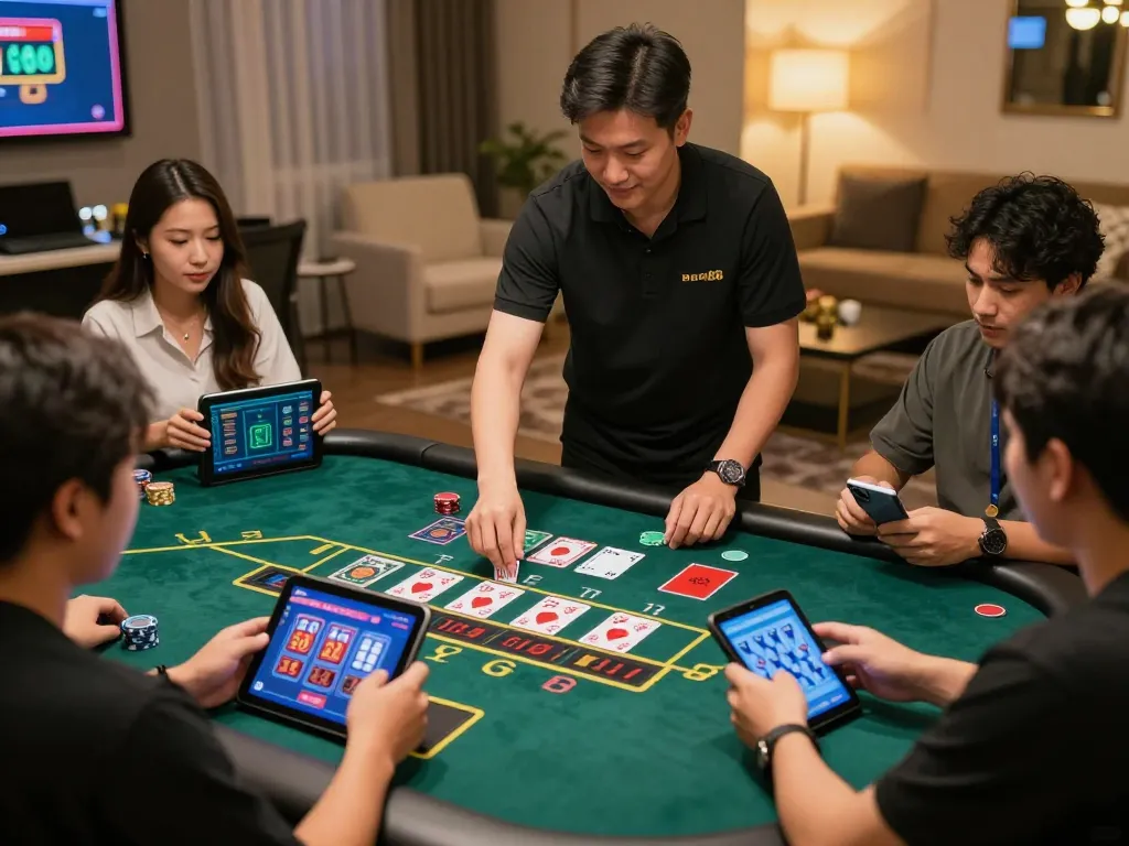 Players engaging enthusiastically in an online blackjack game at bem88 nhà cái, showcasing strategy and excitement.