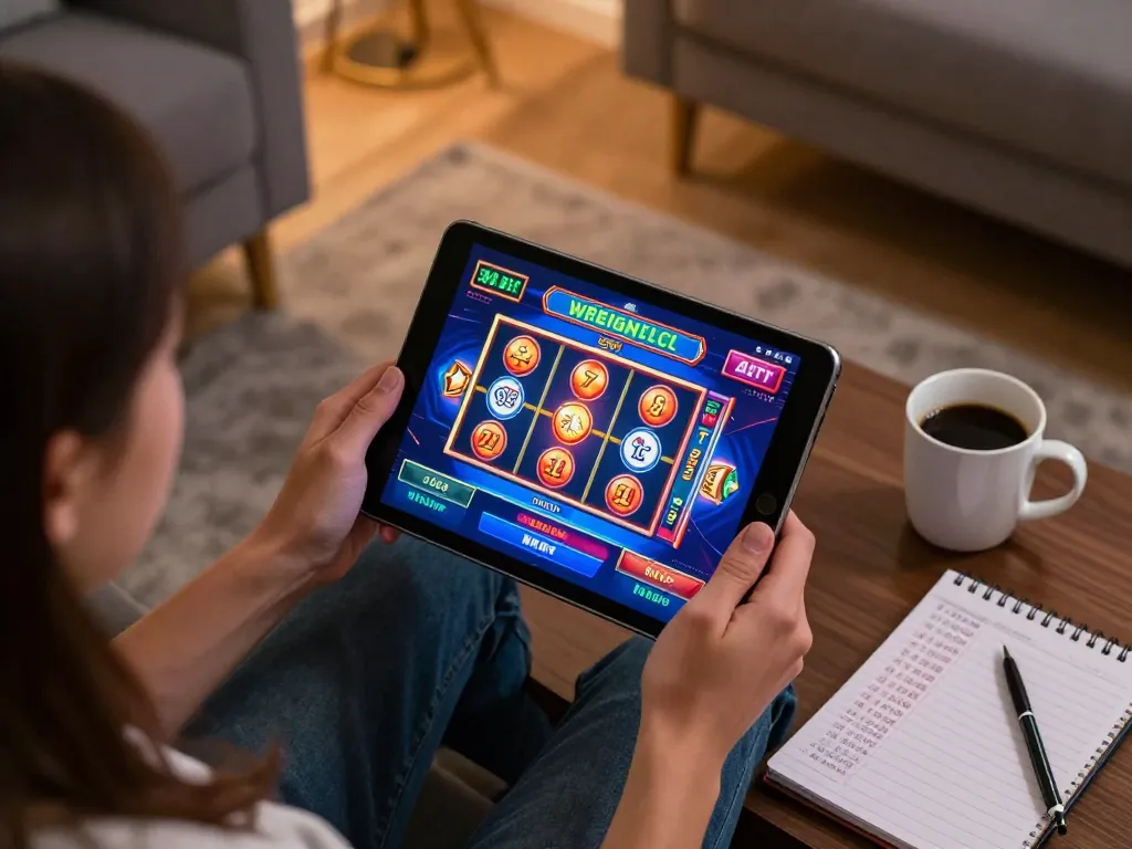 Pemain menikmati link hargatoto di tablet, grafik slot yang hidup dan pengaturan rumah yang nyaman.