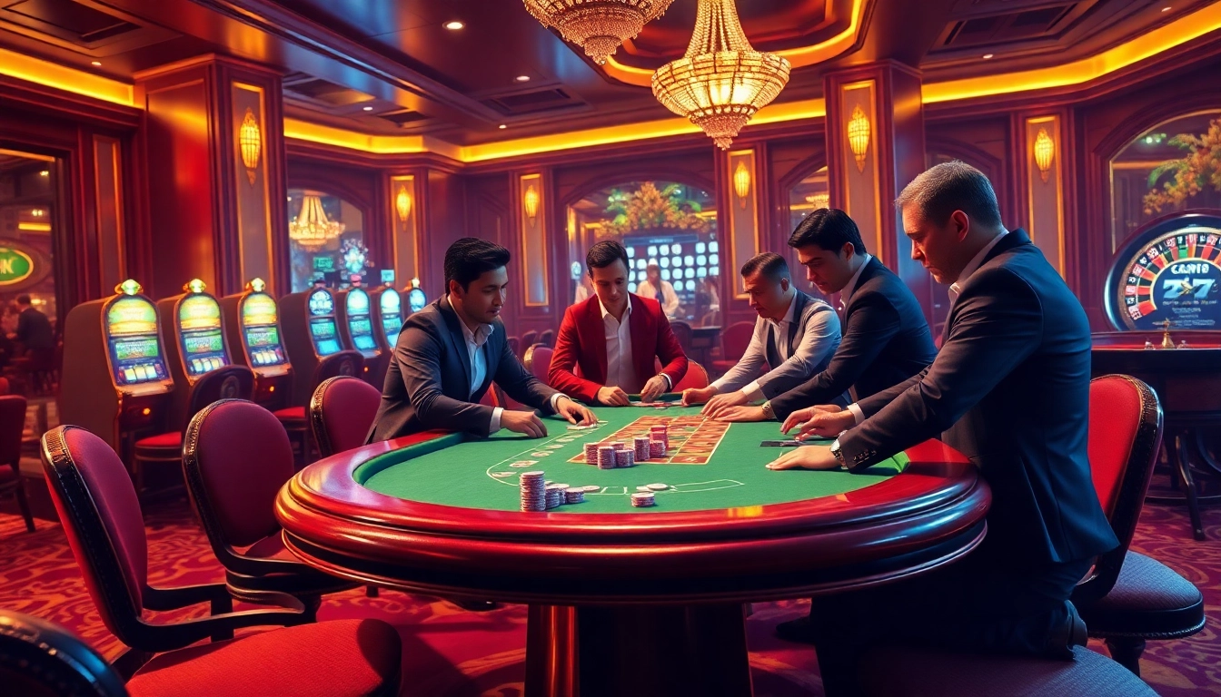 Sbobet login Indonesia scene showcasing players at a luxurious casino poker table, exuding excitement.
