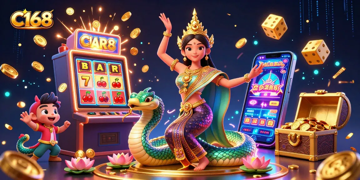 C168 casino experience with a Thai dancer and Naga serpent surrounded by jackpot slots and golden coins.