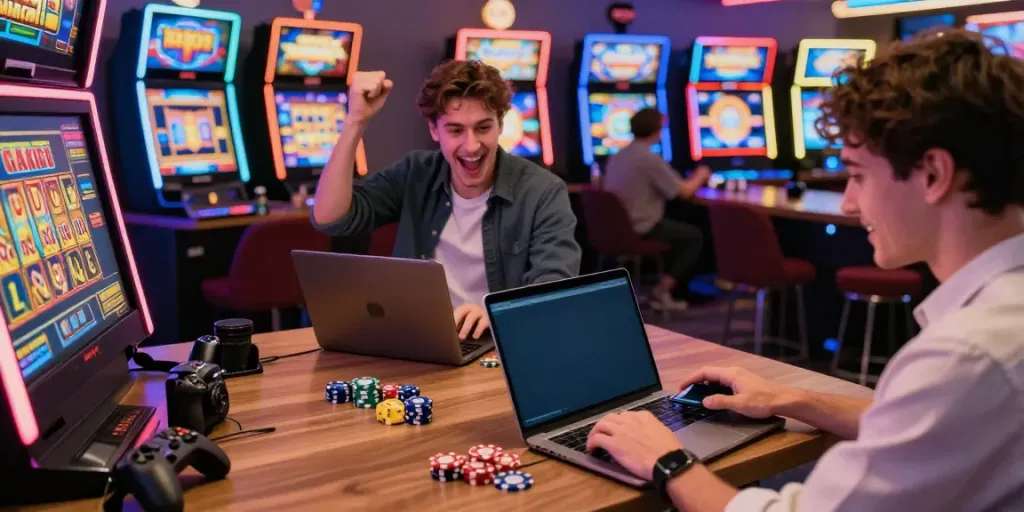 Players enjoying slot gacor games in a lively gaming lounge, celebrating wins with vibrant surroundings.