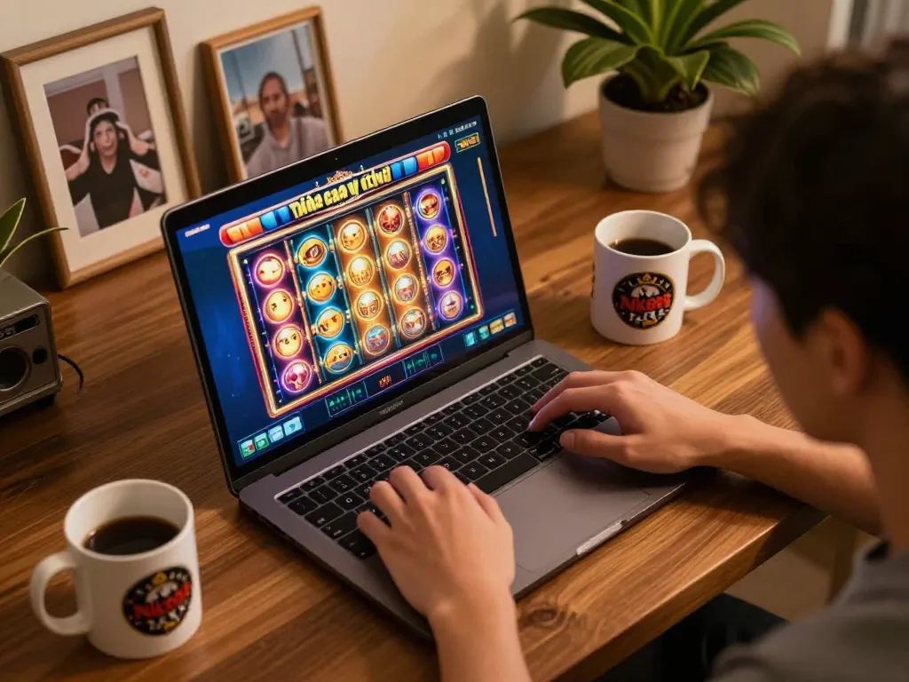Engaged player exploring slot games on laptop screen at nhà cái uy tín Nk88.