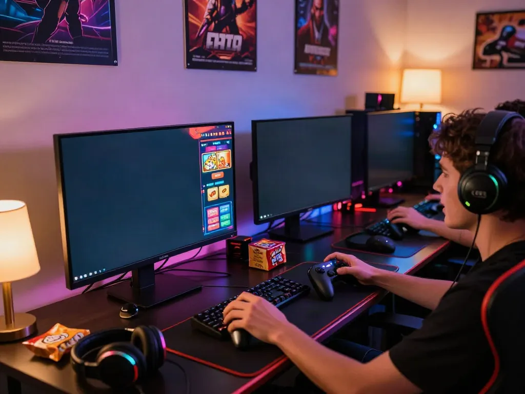 Engaged player experiencing SLOT TOTO online gaming excitement in a vibrant gaming setup.